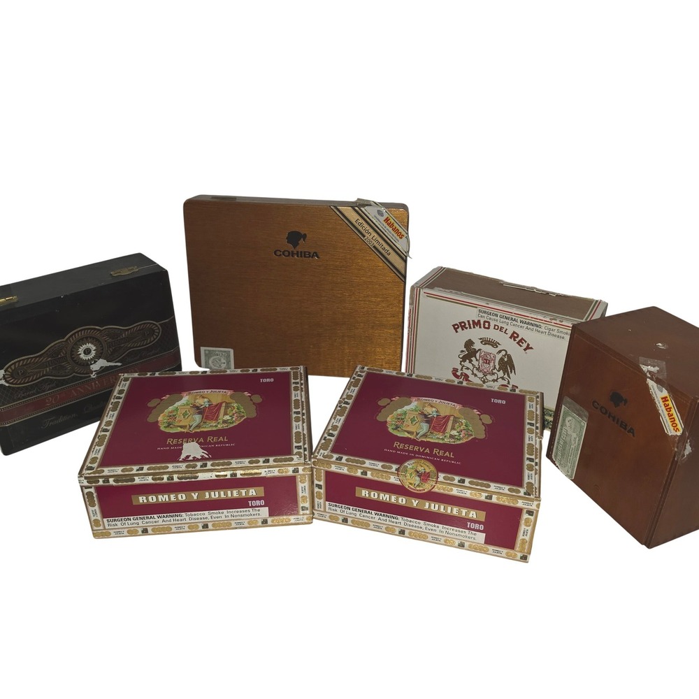 Collection of 6 Wooden Cigar Boxes Cohiba, Romeo y Julieta,Perdomo Primo del Rey